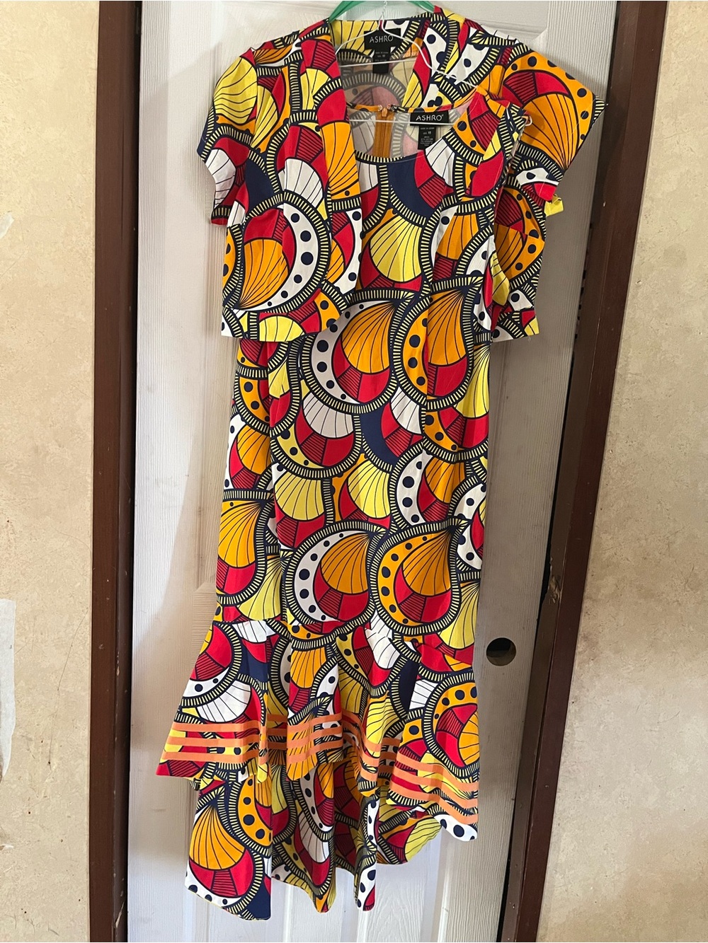 Ashro African Print Midi Dress Vibrant Geometric Fan Ruffle Hem Size 16 Like New